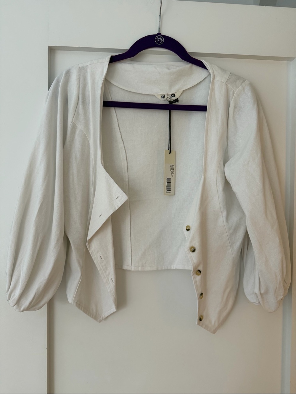Cropped White Button-Front Linen Blend Jacket